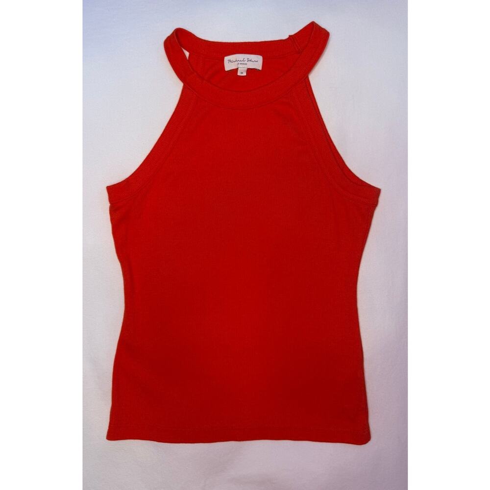 Michael Stars Ribbed High Neck Halter Tank Top Sz M Orange Red Modal Cotton USA